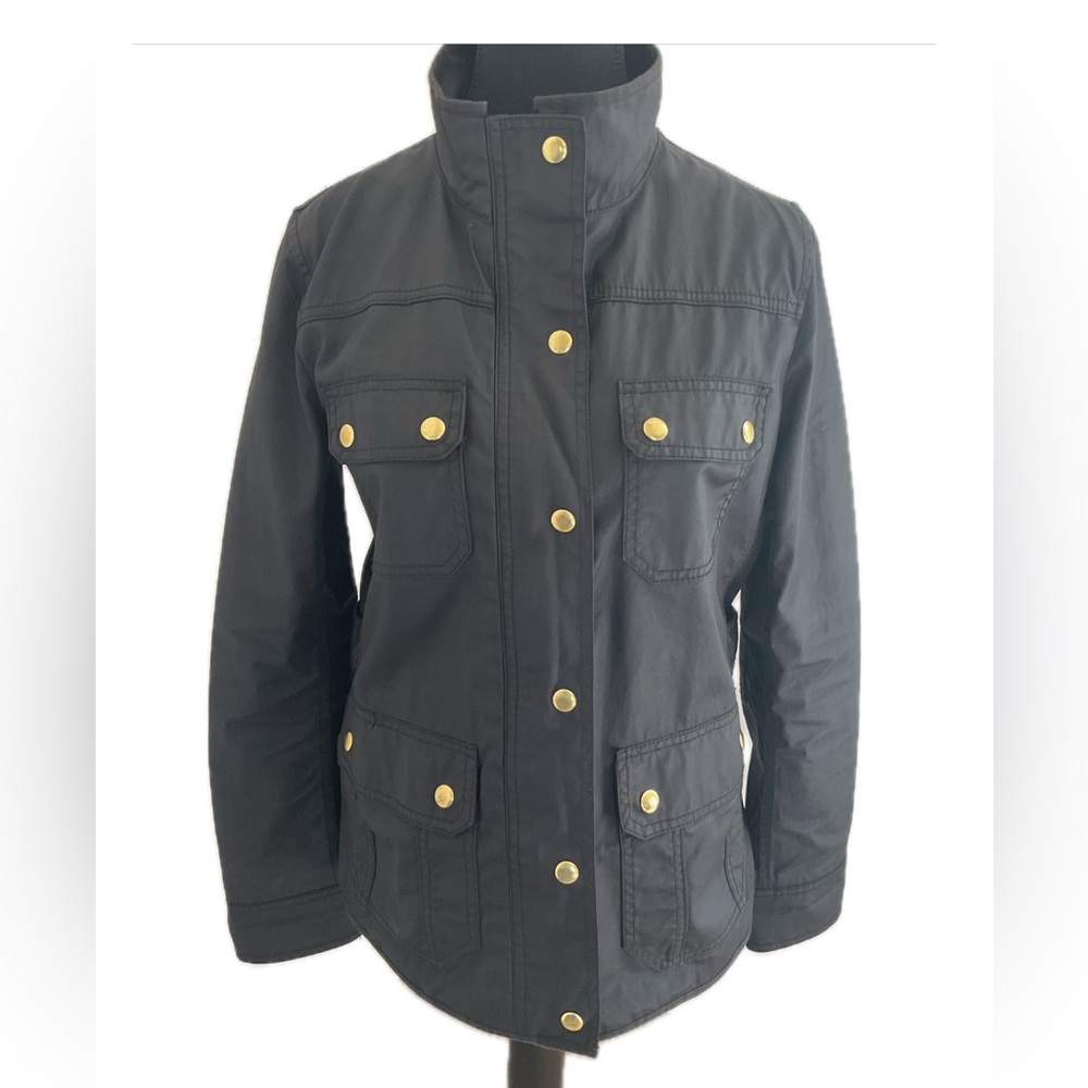 J. Crew Black Field Jacket with Gold Buttons and elbow patches .